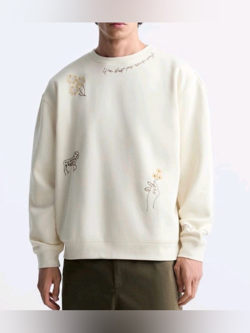 Zara Cream Crewneck Sweater with Subtle Embroidered Motifs